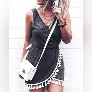 Tassle Elastic Waist Wrap V-Neck Mini Dress - Dark Gray | Size M